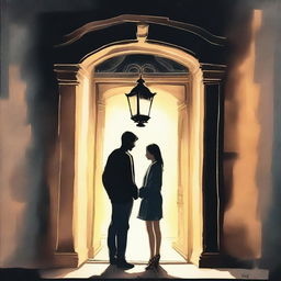 Create a gouache drawing of a guy and a girl standing at the entrance of a building at night