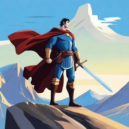 A heroic character standing tall and proud, wearing a cape and holding a sword