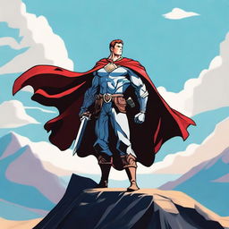 A heroic character standing tall and proud, wearing a cape and holding a sword