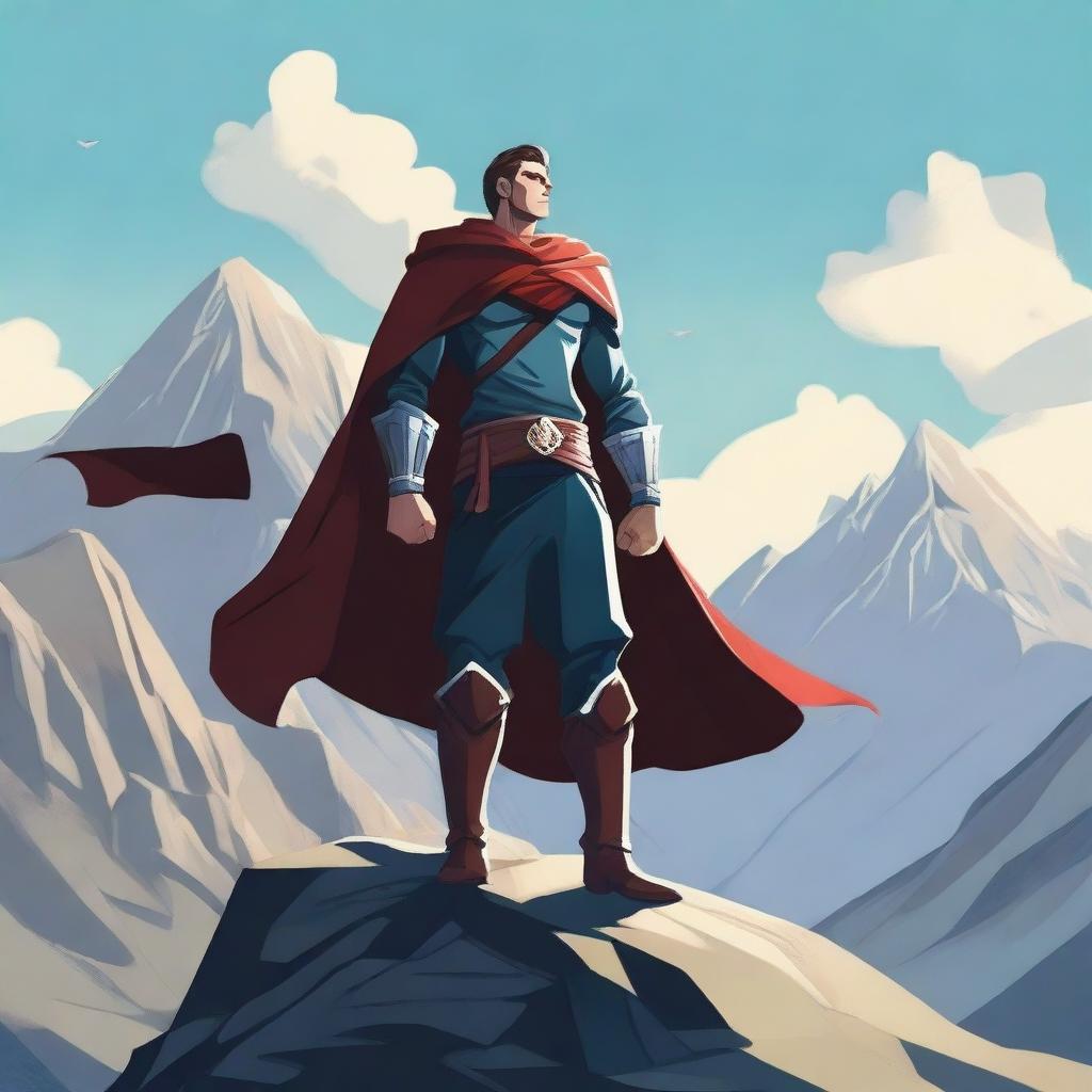 A heroic character standing tall and proud, wearing a cape and holding a sword