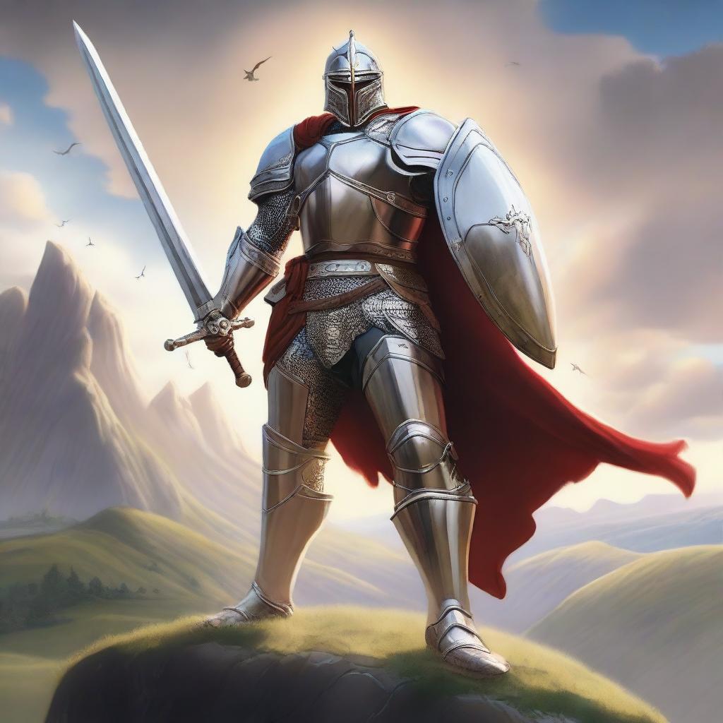 A majestic hero standing tall with a determined look, clad in shining armor, holding a sword aloft