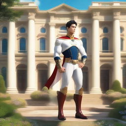 A heroic figure standing proudly in front of an elite academy, with grand architecture and lush gardens