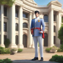 A heroic figure standing proudly in front of an elite academy, with grand architecture and lush gardens