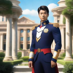 A heroic figure standing proudly in front of an elite academy, with grand architecture and lush gardens