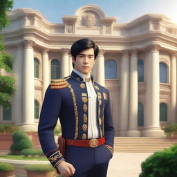 A heroic figure standing proudly in front of an elite academy, with grand architecture and lush gardens