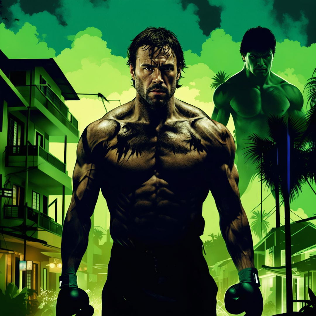 A high-quality movie poster for 'The Ghost and the Fighter,' featuring a shirtless kickboxing fighter resembling Jason Statham, big business buildings mixed with traditional houses in a tropical night setting, a beautiful Latin woman, and a dark, mysterious criminal silhouette in the background