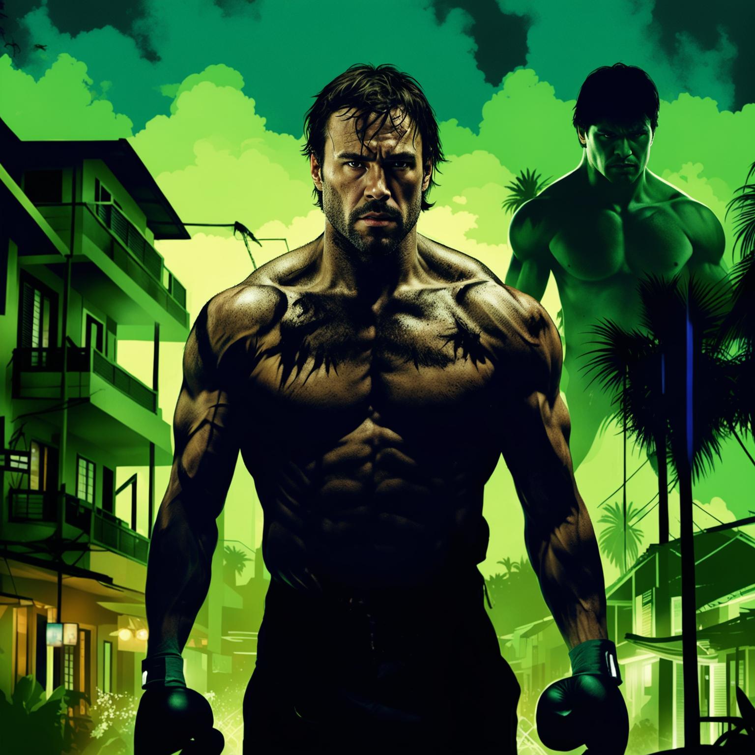 A high-quality movie poster for 'The Ghost and the Fighter,' featuring a shirtless kickboxing fighter resembling Jason Statham, big business buildings mixed with traditional houses in a tropical night setting, a beautiful Latin woman, and a dark, mysterious criminal silhouette in the background
