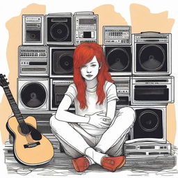 Create a marker drawing of a red-haired girl sitting on a mountain of guitars and sound systems