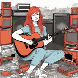 Create a marker drawing of a red-haired girl sitting on a mountain of guitars and sound systems