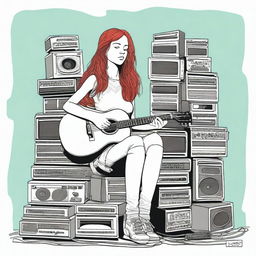 Create a marker drawing of a red-haired girl sitting on a mountain of guitars and sound systems