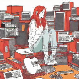 Create a marker drawing of a red-haired girl sitting on a mountain of guitars and sound systems