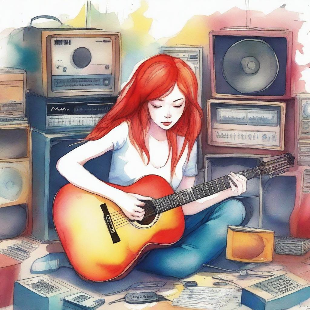 Create a watercolor drawing of a red-haired girl lying among guitars and sound systems