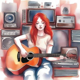 Create a watercolor drawing of a red-haired girl lying among guitars and sound systems