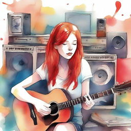 Create a watercolor drawing of a red-haired girl lying among guitars and sound systems