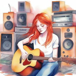 Create a watercolor drawing of a red-haired girl lying among guitars and sound systems