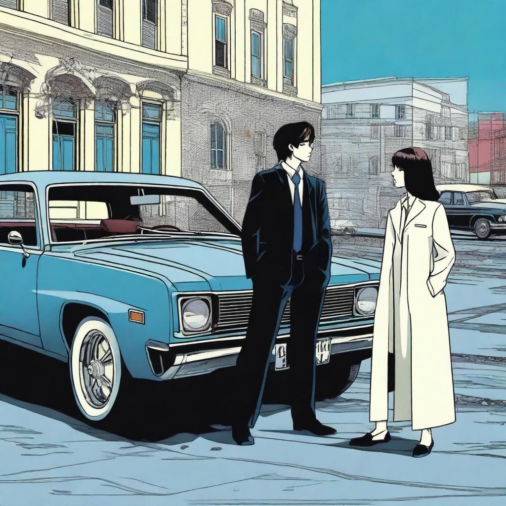 Two investigators and a girl dressed in a suit standing in front of a blue Opala car