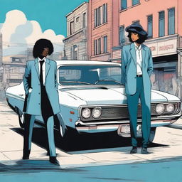 Two investigators and a girl dressed in a suit standing in front of a blue Opala car