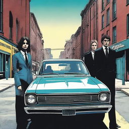 Two investigators and a girl dressed in a suit standing in front of a blue Opala car