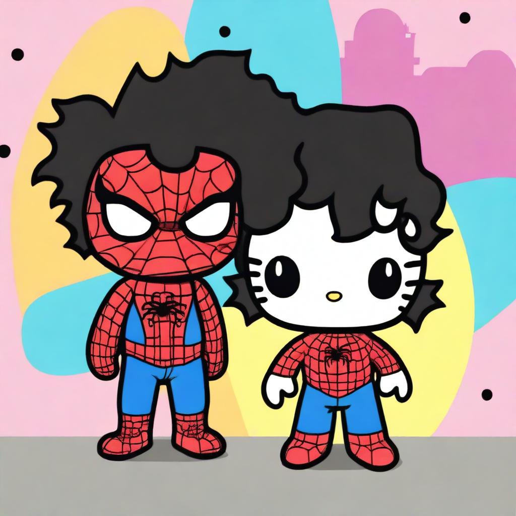 Create a Hello Kitty with long, curly black hair and a Black Spider-Man with short, wavy hair