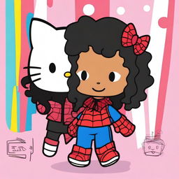 Create a Hello Kitty with long, curly black hair and a Black Spider-Man with short, wavy hair