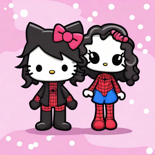 Create a Hello Kitty with long, curly black hair and a Black Spider-Man with short, wavy hair