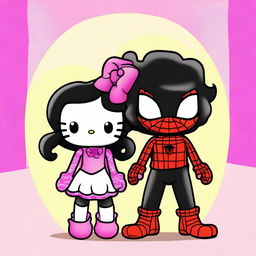 Create a Hello Kitty with long, curly black hair and a Black Spider-Man with short, wavy hair