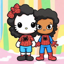 Create a Hello Kitty with long, curly black hair and a white complexion, and a Black Spider-Man with short, wavy hair