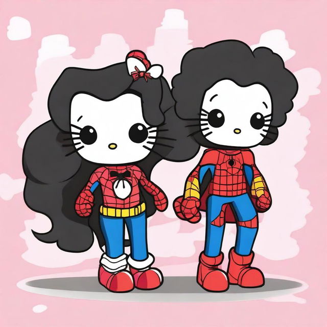 Create a Hello Kitty with long, curly black hair and a white complexion, and a Black Spider-Man with short, wavy hair