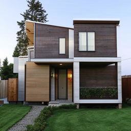 A meticulously detailed 28x43 foot house, true to a modern architectural design, complete with a well-tended front yard.