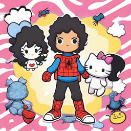 Create a Hello Kitty with long, curly black hair and a white complexion, and a Black Spider-Man with short, wavy hair