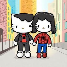 Create a Hello Kitty with long, curly black hair and a white complexion, and a Black Spider-Man with short, wavy hair