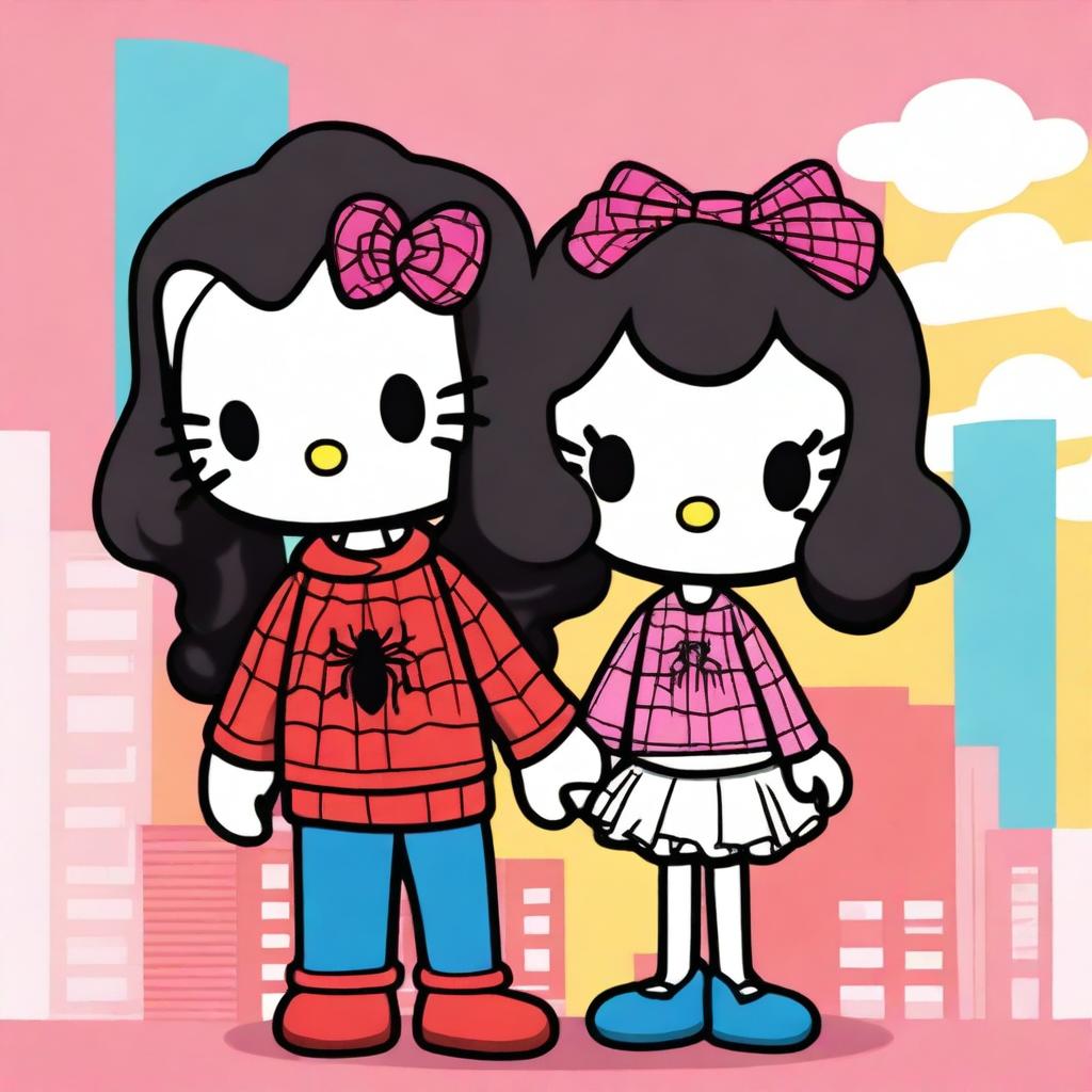 Create a Hello Kitty with long, curly black hair and a white complexion, and a Black Spider-Man with short, wavy hair