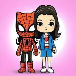 Create a Hello Kitty with long, curly black hair and a white complexion, and a Black Spider-Man with short, wavy hair