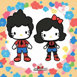 Create a Hello Kitty with long, curly black hair and a white complexion, and a Black Spider-Man with short, wavy hair