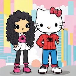 Create a Hello Kitty with long, curly black hair and a white complexion, and a Black Spider-Man with short, wavy hair