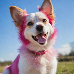 A playful dog with bright pink fur under a clear, sunny sky.