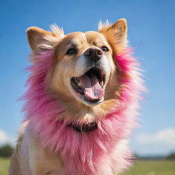 A playful dog with bright pink fur under a clear, sunny sky.