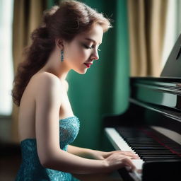 A green-eyed woman wearing a blue g-string is playing the piano