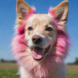 A playful dog with bright pink fur under a clear, sunny sky.