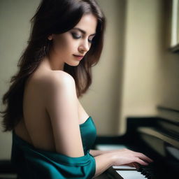 A green-eyed woman wearing a blue g-string is playing the piano