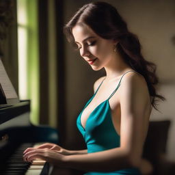 A green-eyed woman wearing a blue g-string is playing the piano