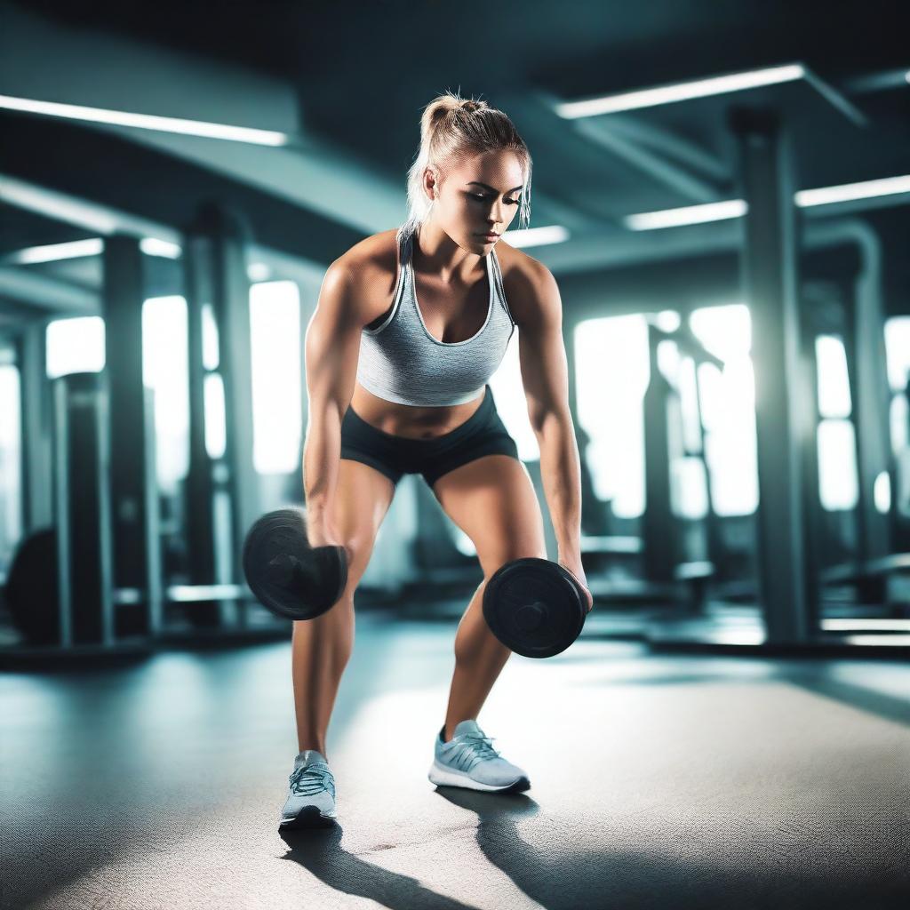 A person working out in a gym, lifting weights and doing cardio exercises