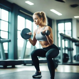 A person working out in a gym, lifting weights and doing cardio exercises