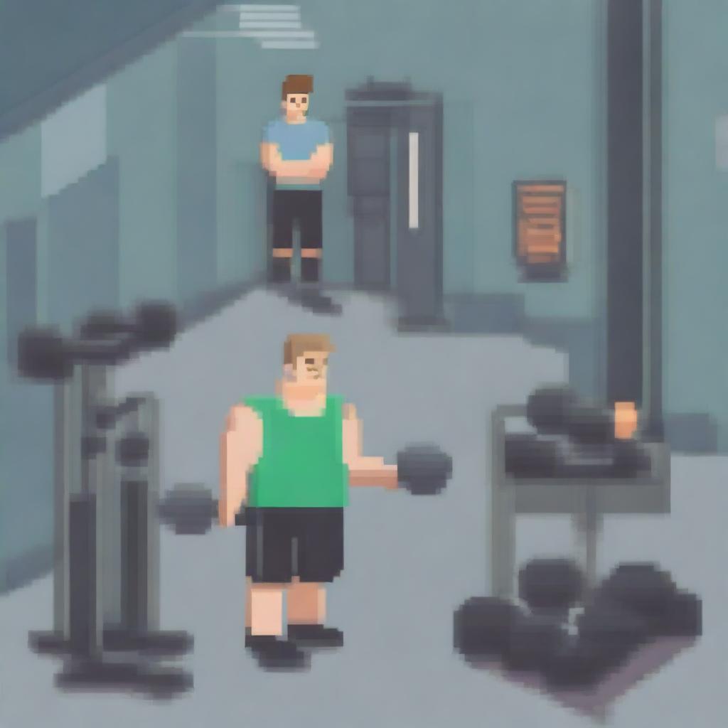 A pixel art depiction of a man working out in a gym