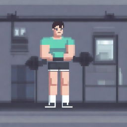 A pixel art depiction of a man working out in a gym