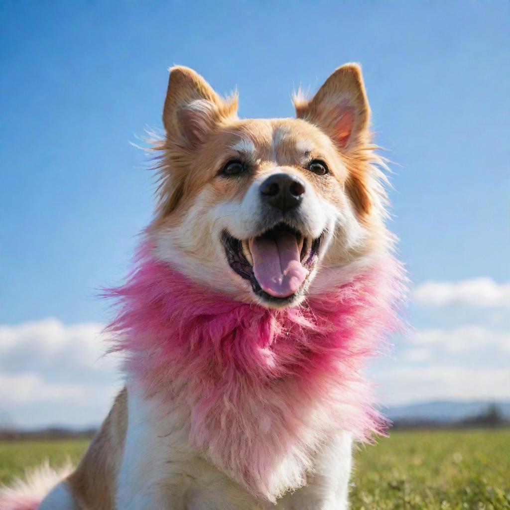 A playful dog with bright pink fur under a clear, sunny sky.