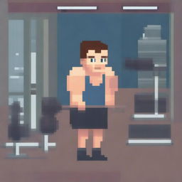 A pixel art depiction of a man working out in a gym