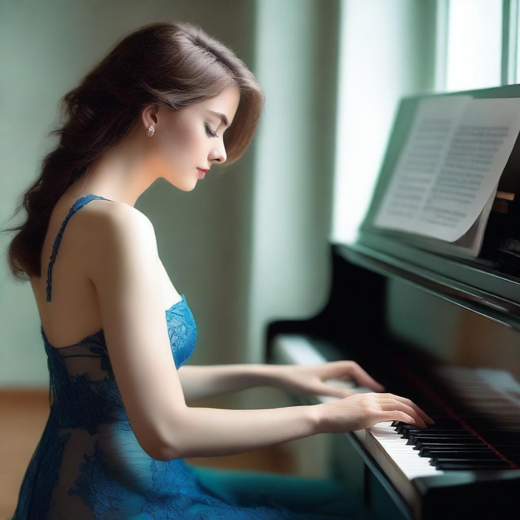 A green-eyed woman wearing blue lingerie is playing the piano