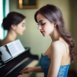 A green-eyed woman wearing blue lingerie is playing the piano