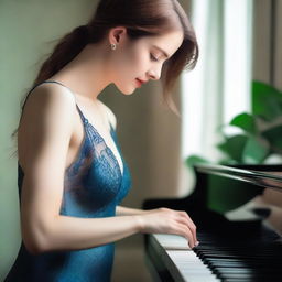 A green-eyed woman wearing blue lingerie is playing the piano